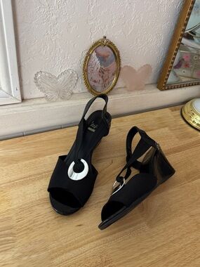 IMPO Black Stretch Slingback Wedge Sandals Size 10 Y2K Peep Toe Comfort Heels